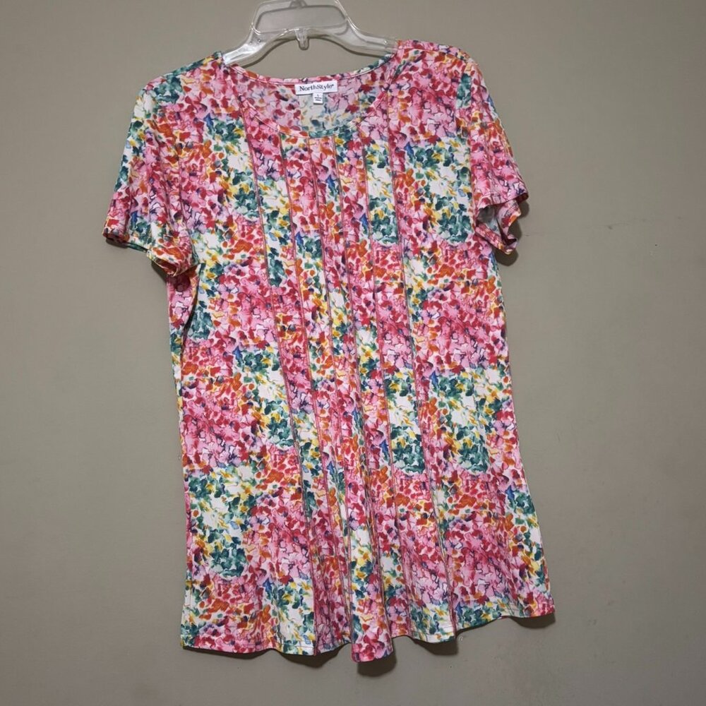 Northstyle Womens Multicolored Pink Blue Floral Short Sleeve Shirt Top Large